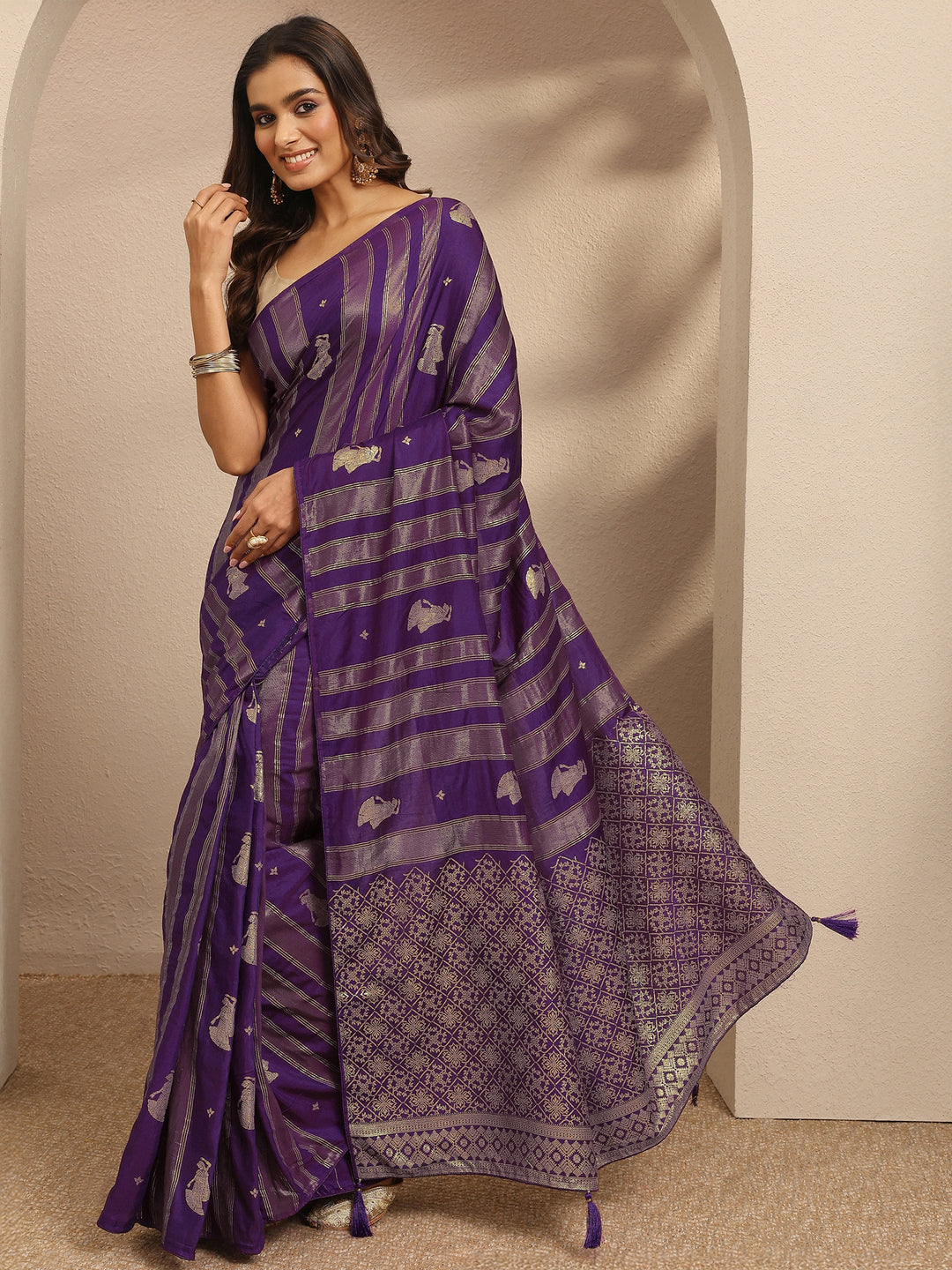 Purple Striped Woven Design Silk Blend Saree With Unstitched Blouse Piece
