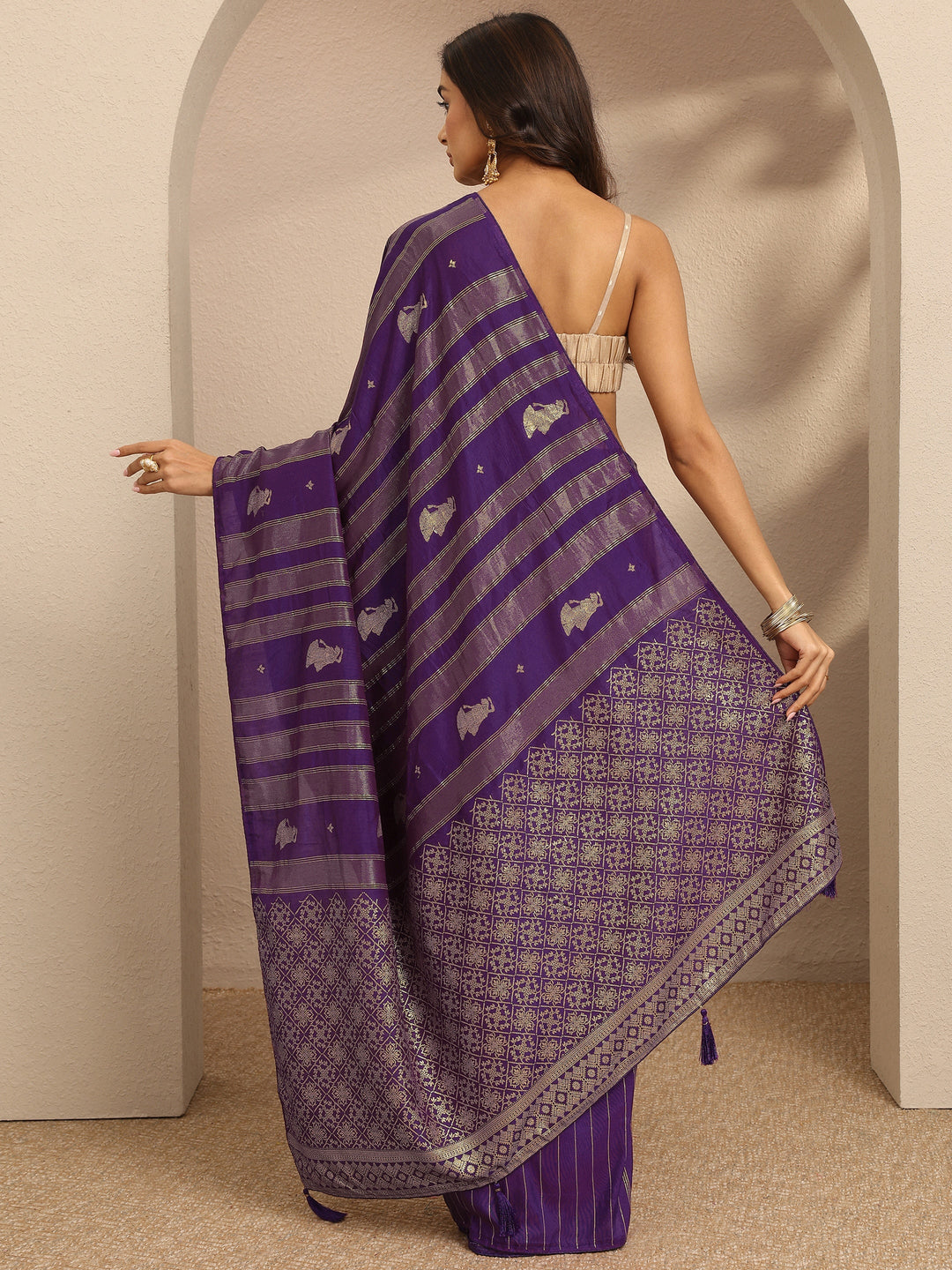 Purple Striped Woven Design Silk Blend Saree With Unstitched Blouse Piece