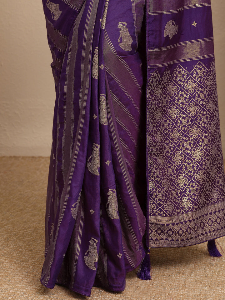 Purple Striped Woven Design Silk Blend Saree With Unstitched Blouse Piece