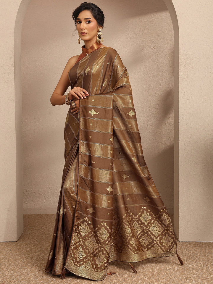 Brown Woven Design Banarsi Silk Blend Saree With Unstitched Blouse Piece