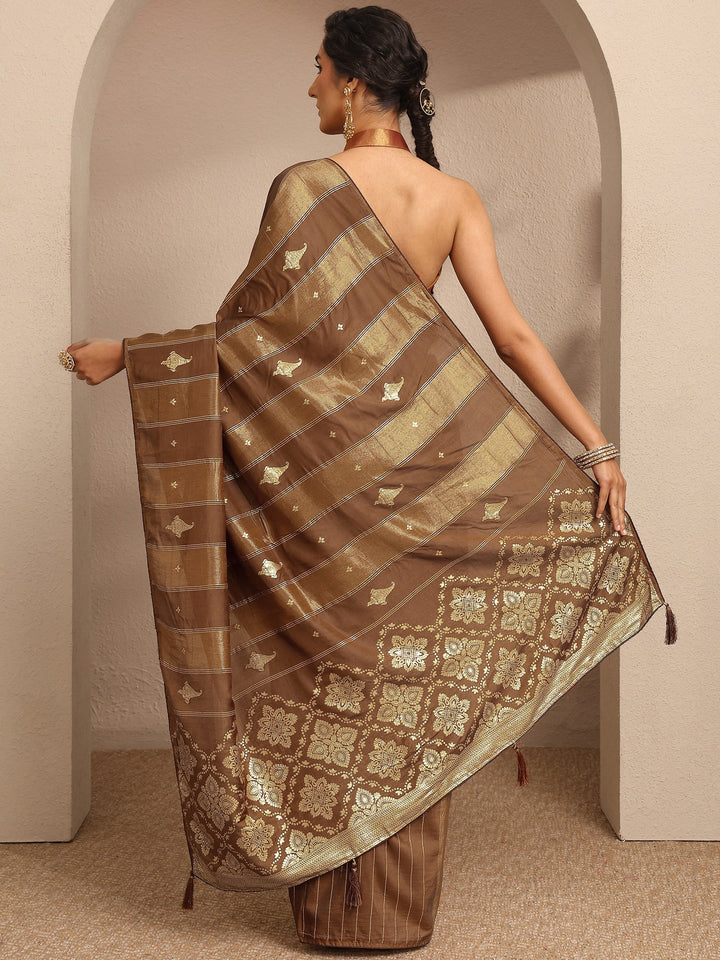 Brown Woven Design Banarsi Silk Blend Saree With Unstitched Blouse Piece