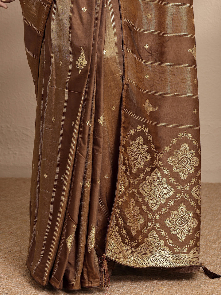 Brown Woven Design Banarsi Silk Blend Saree With Unstitched Blouse Piece