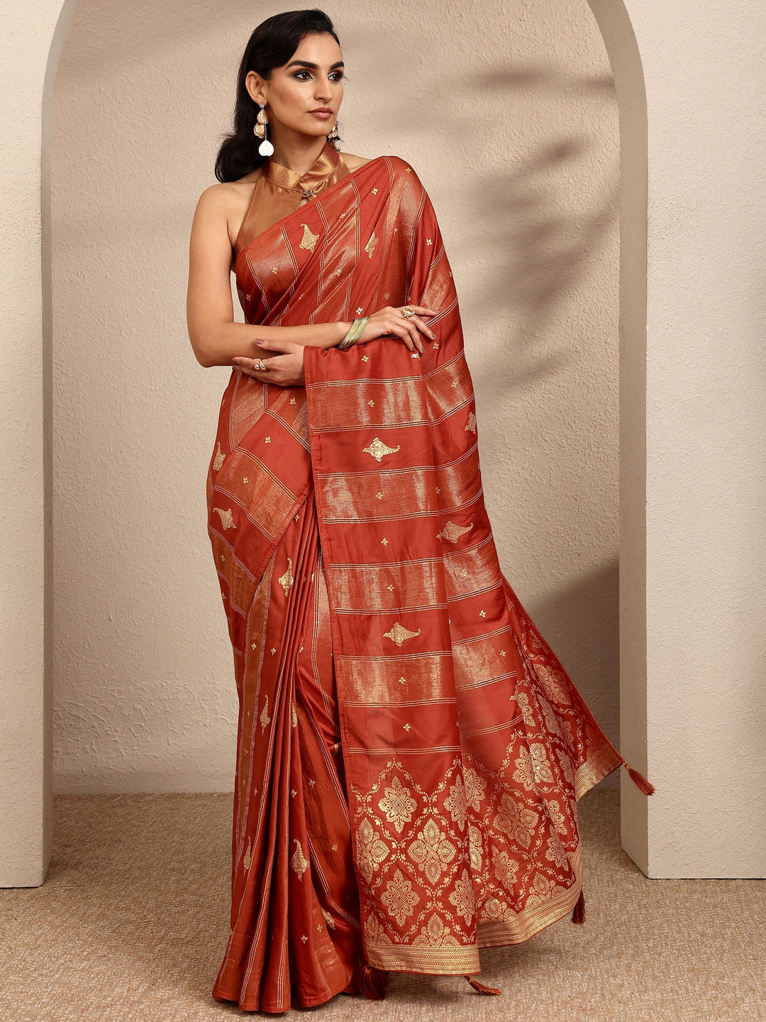 Rust Woven Design Banarsi Silk Blend Saree With Unstitched Blouse Piece