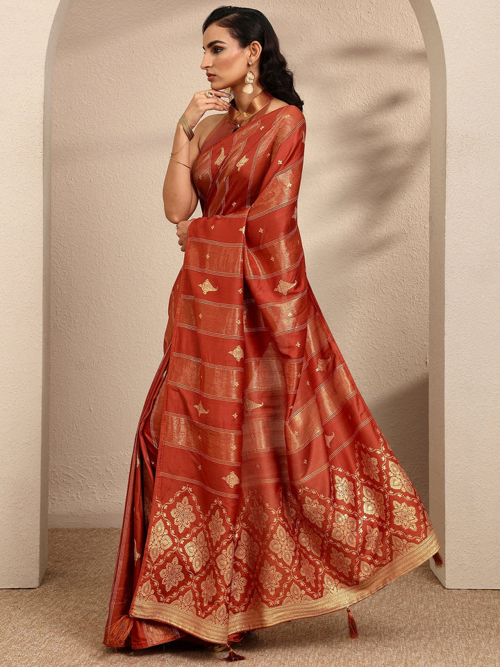 Rust Woven Design Banarsi Silk Blend Saree With Unstitched Blouse Piece