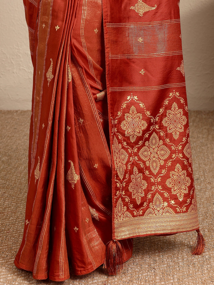 Rust Woven Design Banarsi Silk Blend Saree With Unstitched Blouse Piece