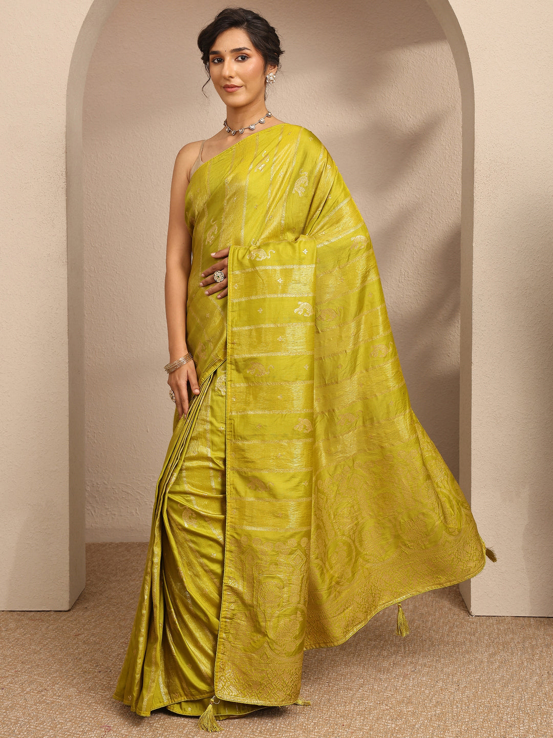 Lime Green Woven Design Banarsi Silk Blend Saree With Unstitched Blouse Piece