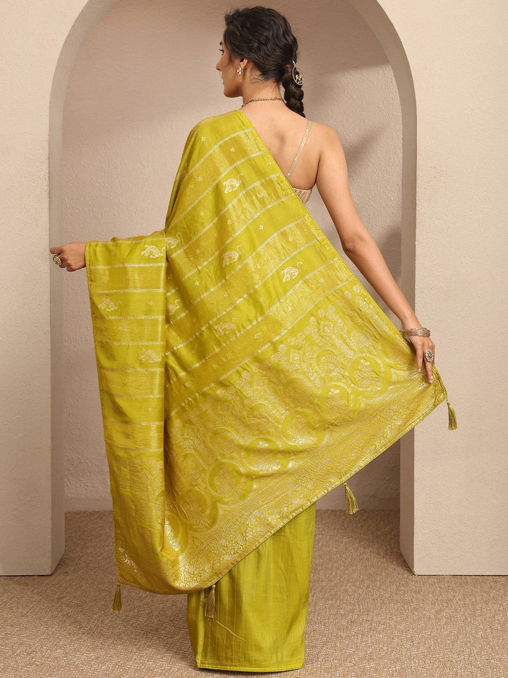 Lime Green Woven Design Banarsi Silk Blend Saree With Unstitched Blouse Piece