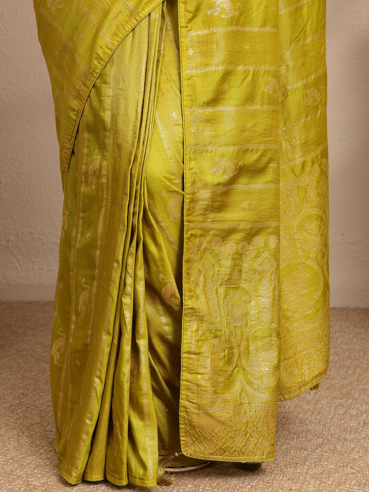 Lime Green Woven Design Banarsi Silk Blend Saree With Unstitched Blouse Piece