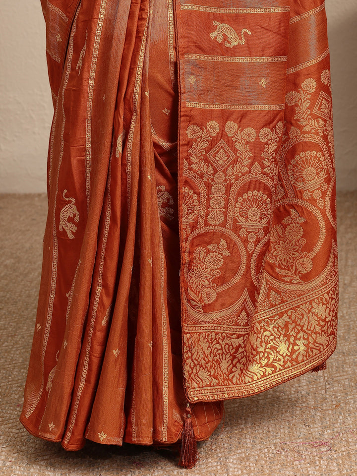Rust Woven Design Banarsi Silk Blend Saree With Unstitched Blouse Piece