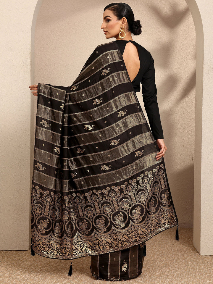 Black Woven Design Banarsi Silk Blend Saree With Unstitched Blouse Piece