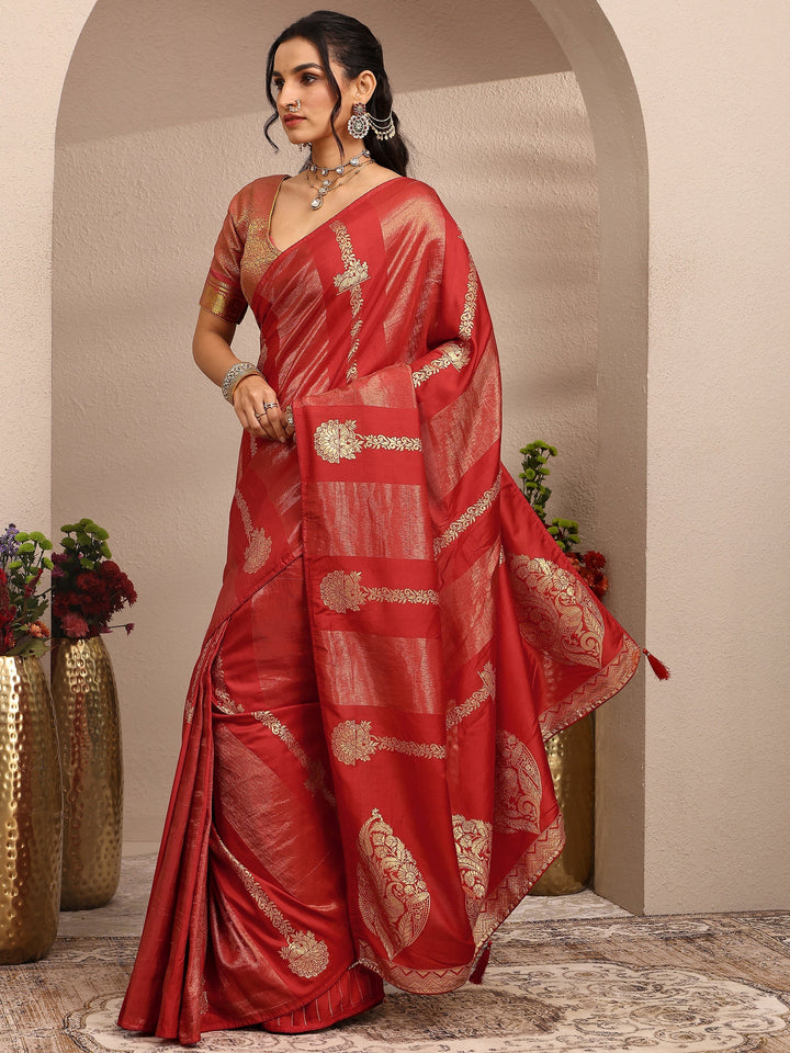 Orange Woven Design Banarsi Silk Blend Saree With Unstitched Blouse Piece