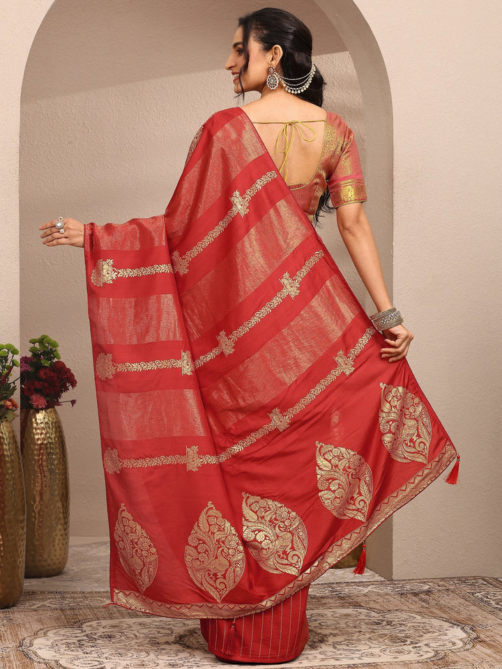 Orange Woven Design Banarsi Silk Blend Saree With Unstitched Blouse Piece