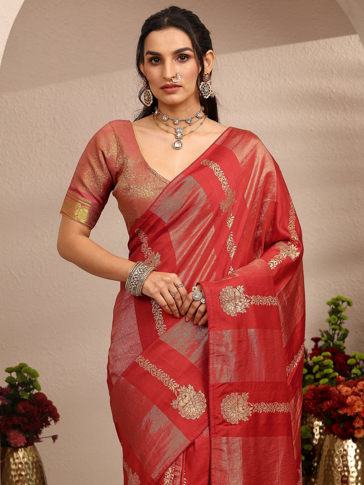 Orange Woven Design Banarsi Silk Blend Saree With Unstitched Blouse Piece