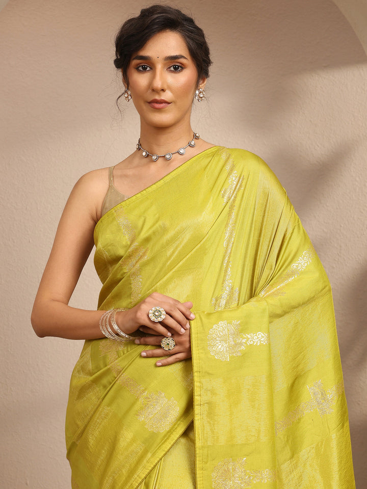 Lime Green Woven Design Banarsi Silk Blend Saree With Unstitched Blouse Piece