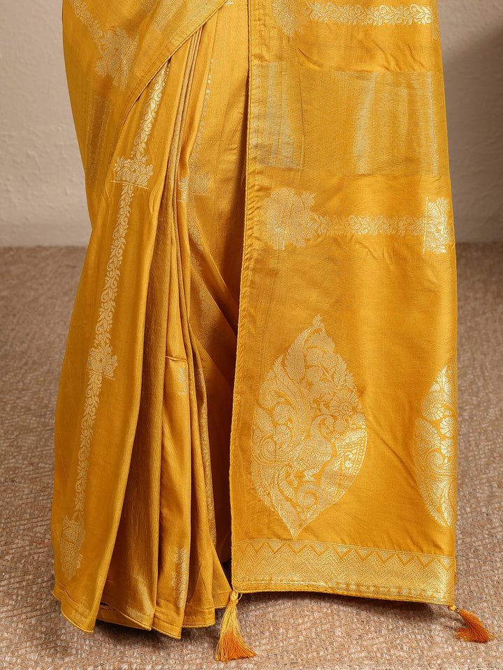 Mustard Woven Design Banarsi Silk Blend Saree With Unstitched Blouse Piece