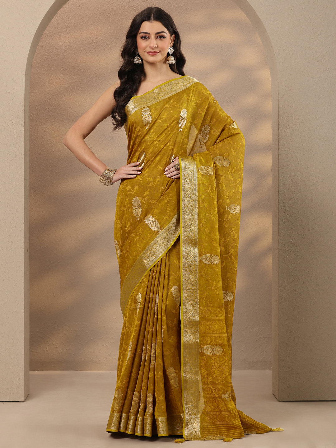 Mustard Woven Design Silk Blend Saree With Unstitched Blouse Piece