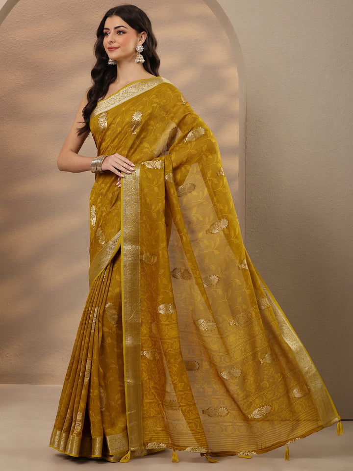 Mustard Woven Design Silk Blend Saree With Unstitched Blouse Piece