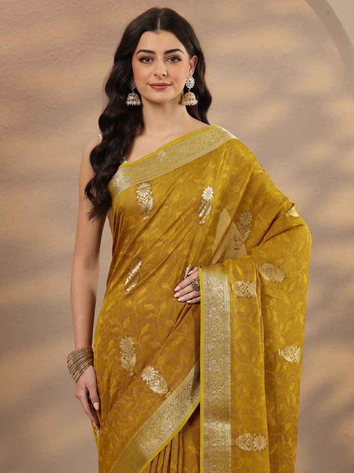 Mustard Woven Design Silk Blend Saree With Unstitched Blouse Piece