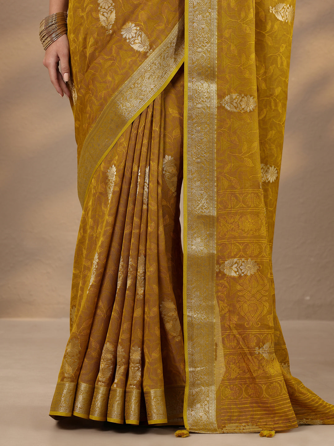 Mustard Woven Design Silk Blend Saree With Unstitched Blouse Piece