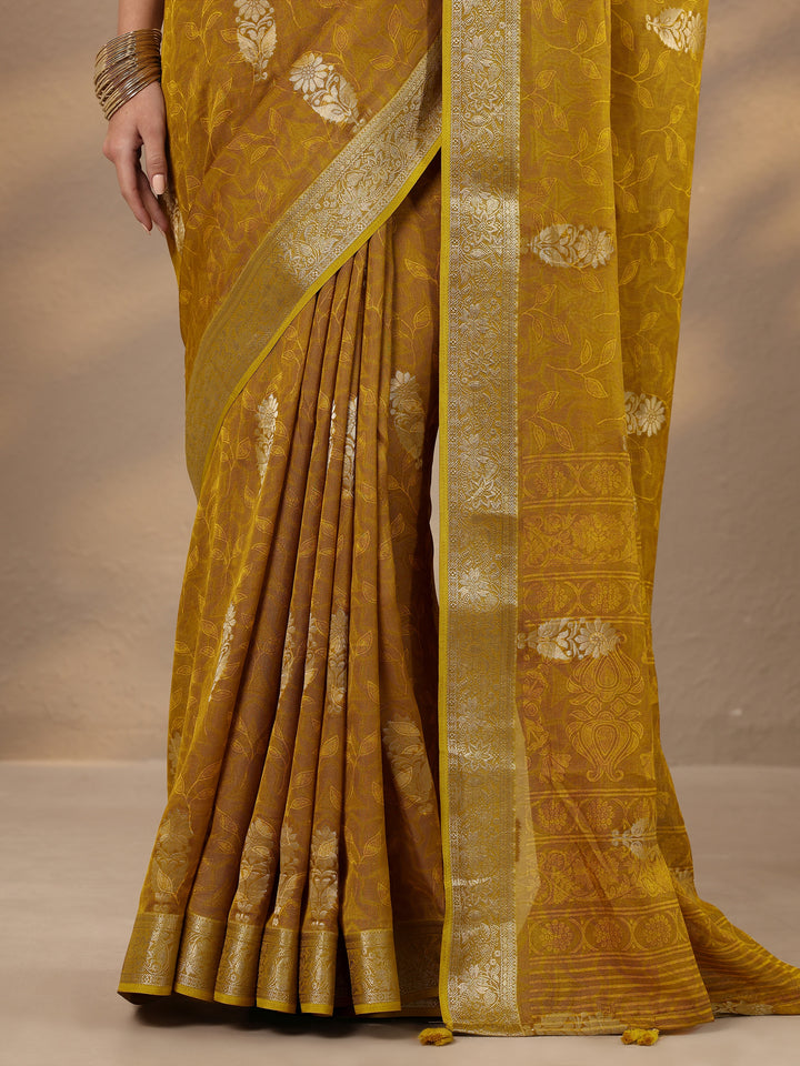 Mustard Woven Design Silk Blend Saree With Unstitched Blouse Piece