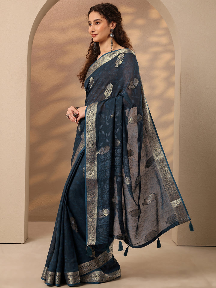 Blue Woven Design Silk Blend Saree With Unstitched Blouse Piece