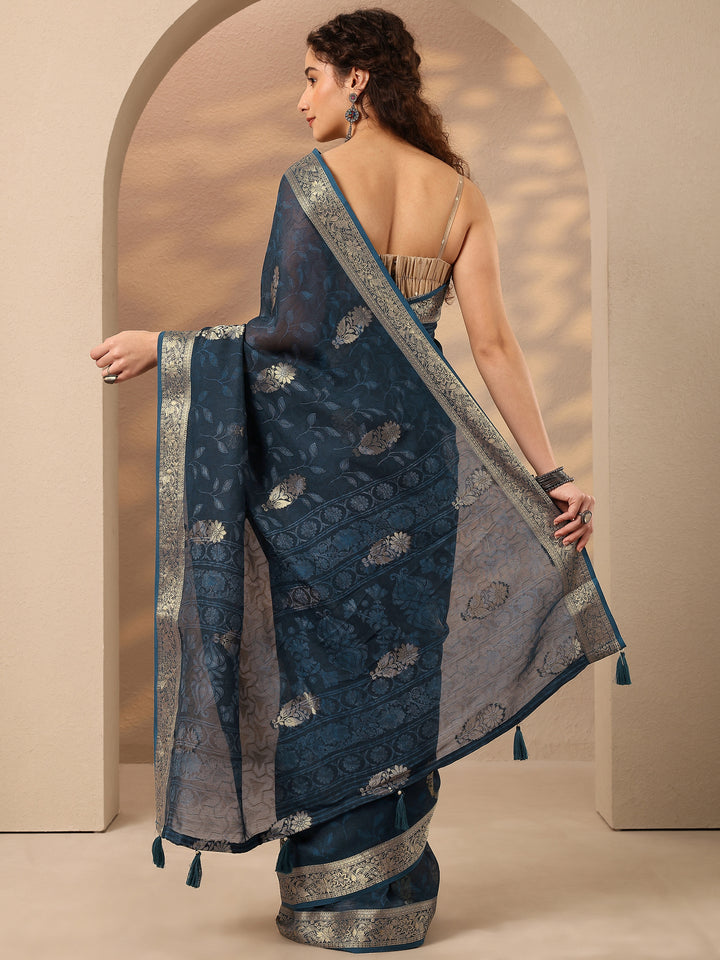 Blue Woven Design Silk Blend Saree With Unstitched Blouse Piece