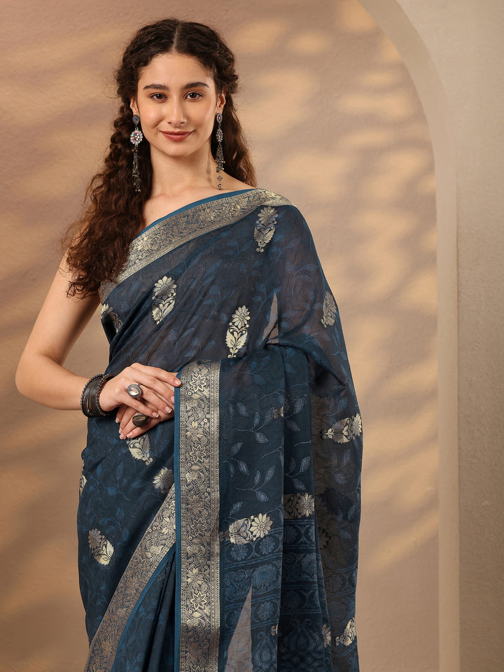 Blue Woven Design Silk Blend Saree With Unstitched Blouse Piece