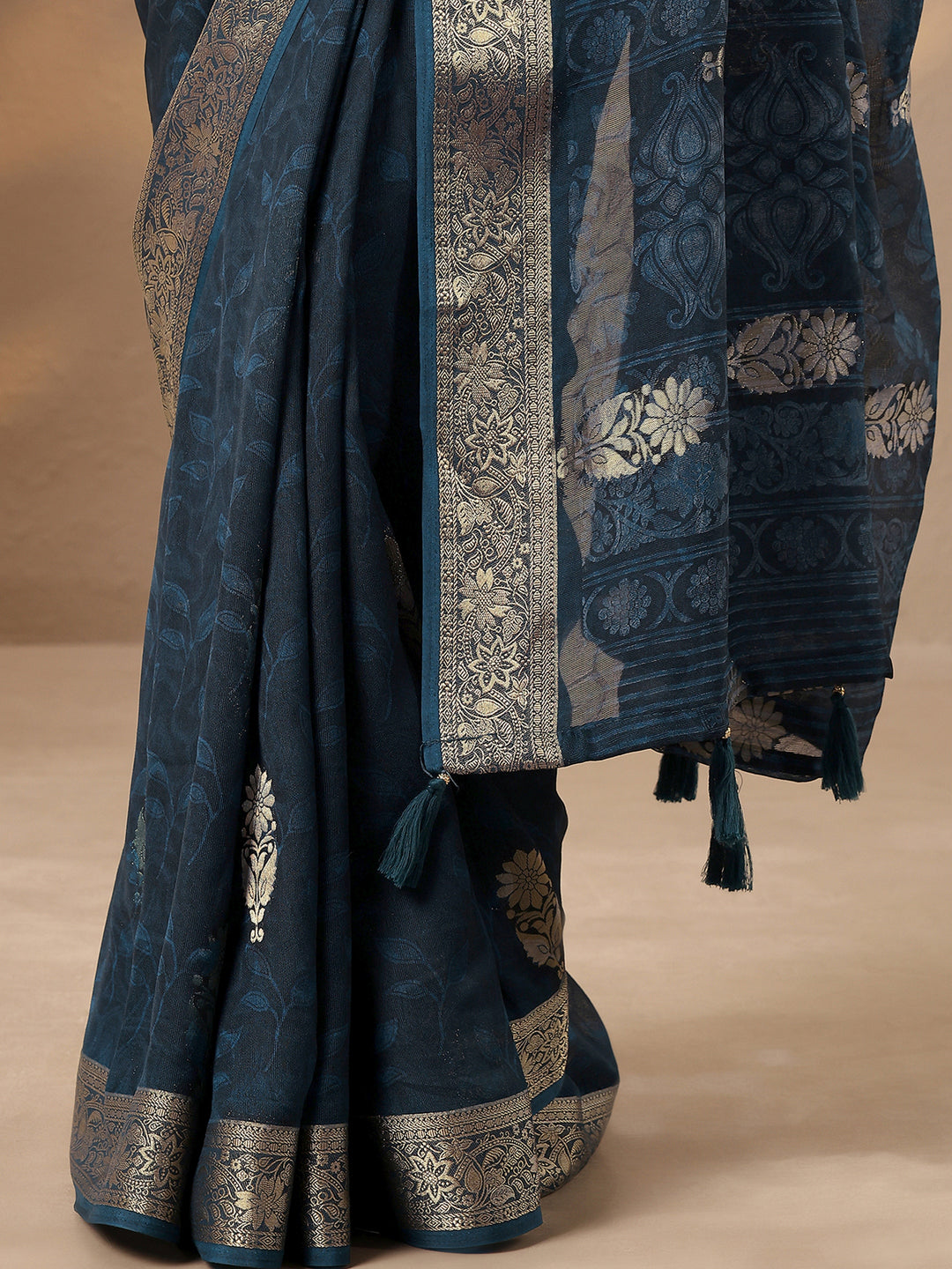 Blue Woven Design Silk Blend Saree With Unstitched Blouse Piece