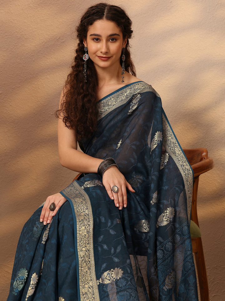 Blue Woven Design Silk Blend Saree With Unstitched Blouse Piece