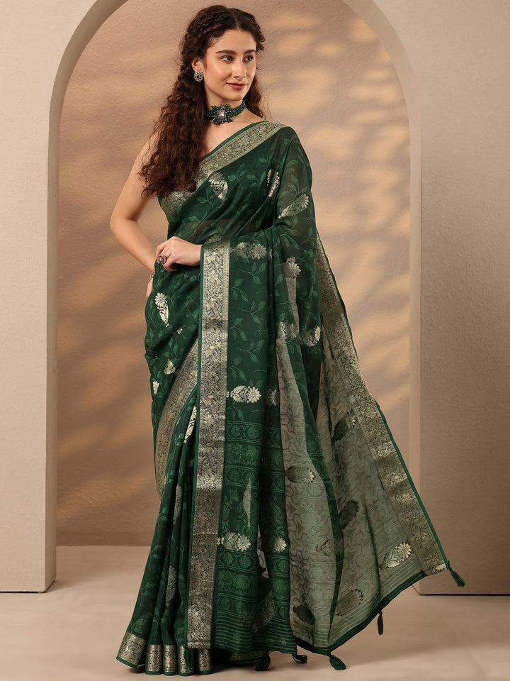 Green Woven Design Silk Blend Saree With Unstitched Blouse Piece