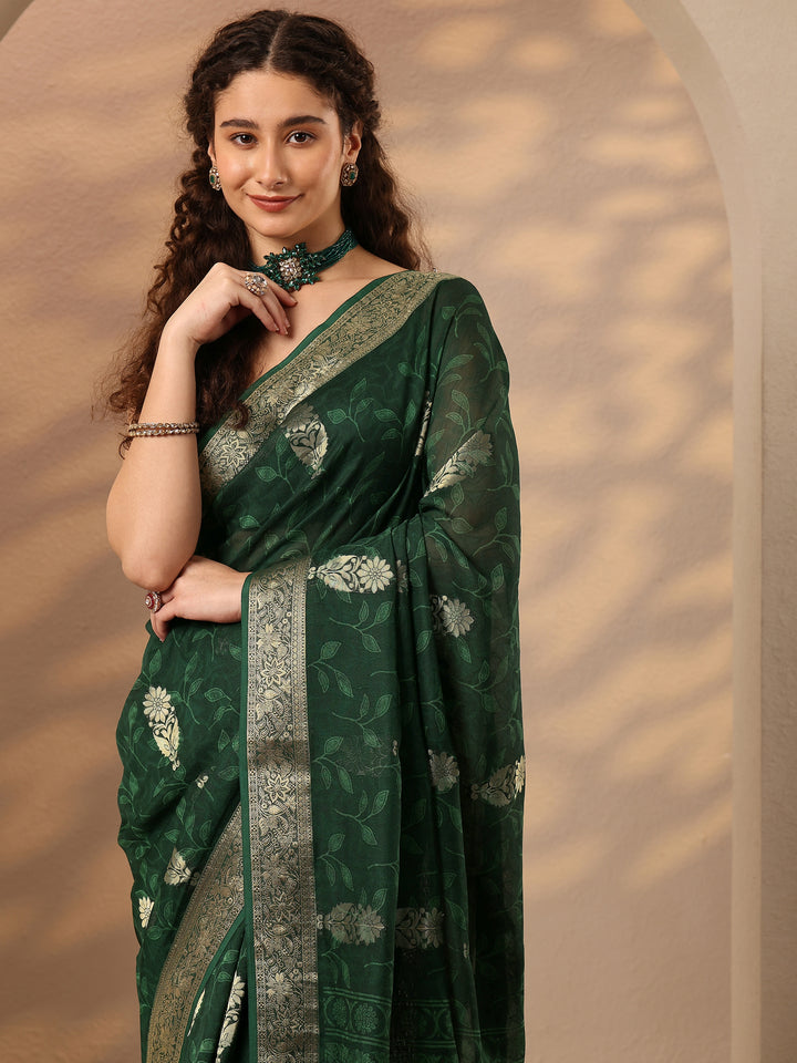 Green Woven Design Silk Blend Saree With Unstitched Blouse Piece