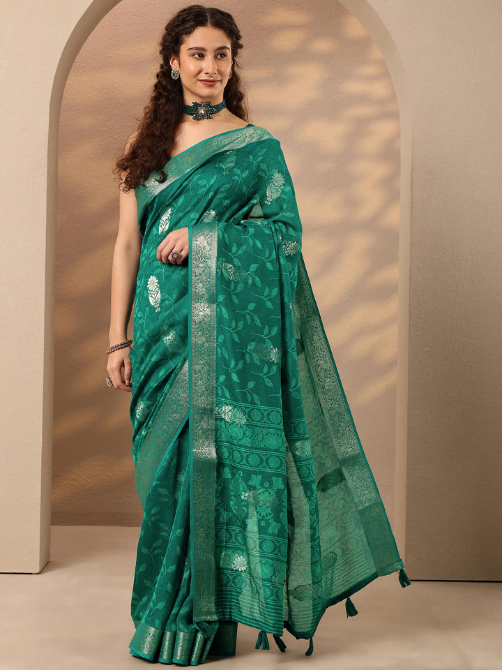 Green Woven Design Silk Blend Saree With Unstitched Blouse Piece