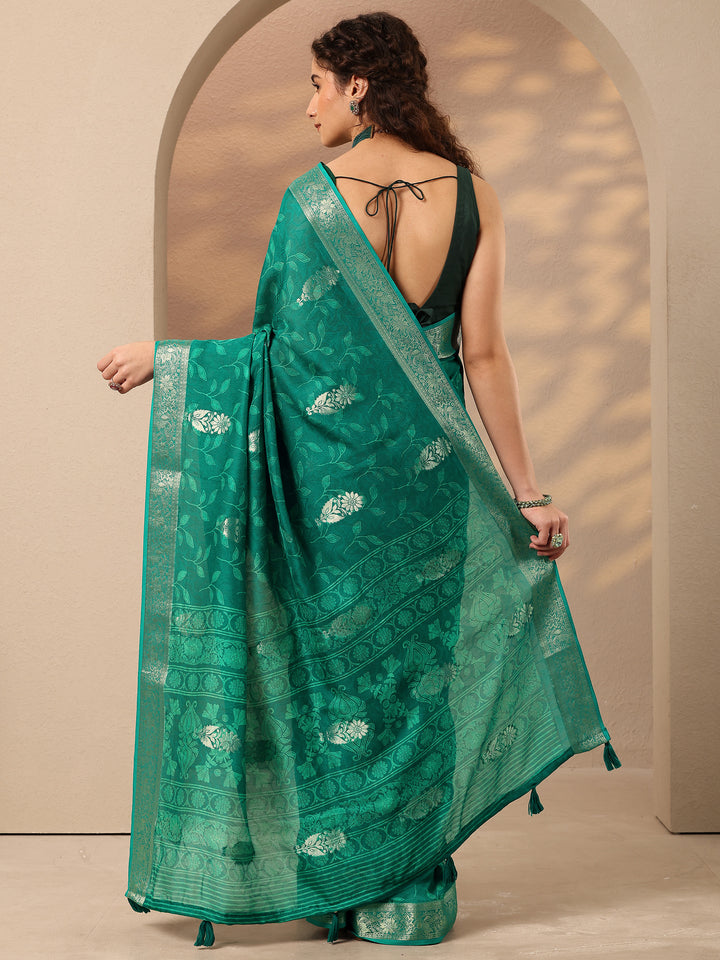 Green Woven Design Silk Blend Saree With Unstitched Blouse Piece