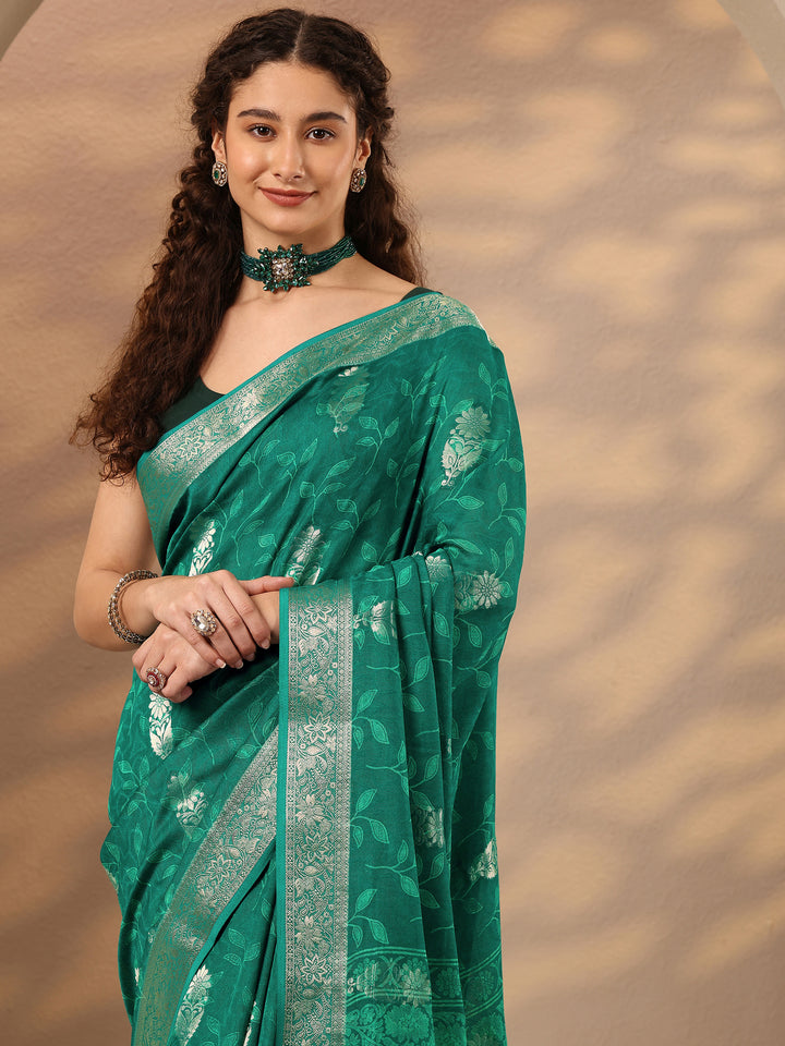 Green Woven Design Silk Blend Saree With Unstitched Blouse Piece