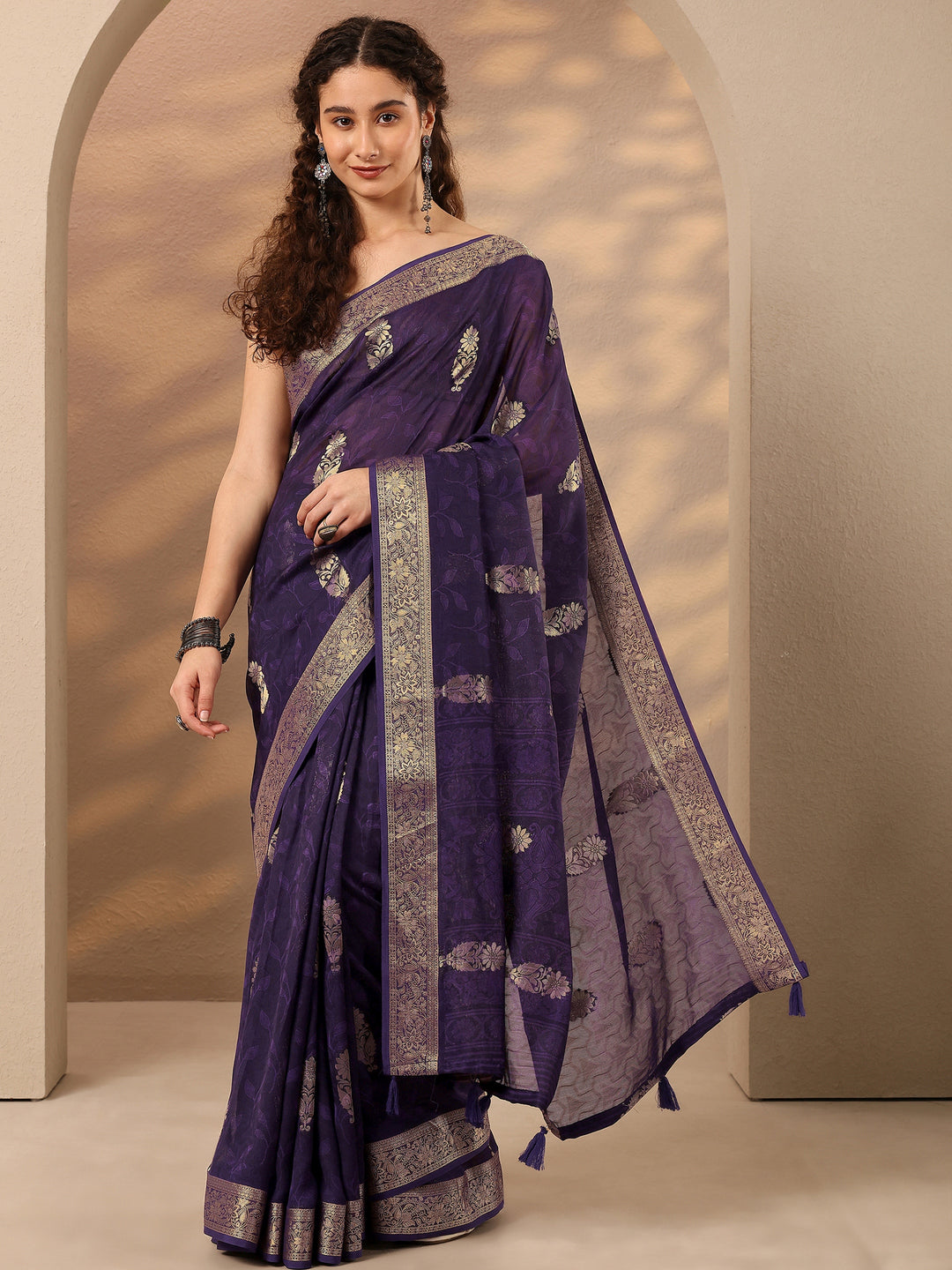 Purple Woven Design Silk Blend Saree With Unstitched Blouse Piece