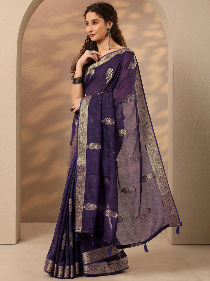 Purple Woven Design Silk Blend Saree With Unstitched Blouse Piece