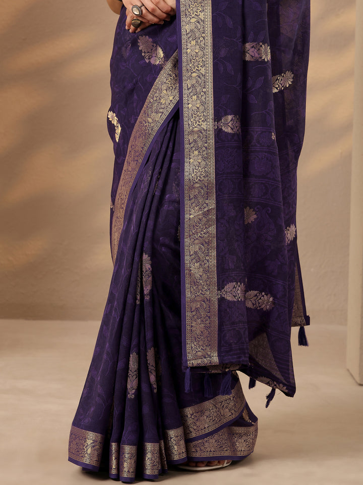 Purple Woven Design Silk Blend Saree With Unstitched Blouse Piece
