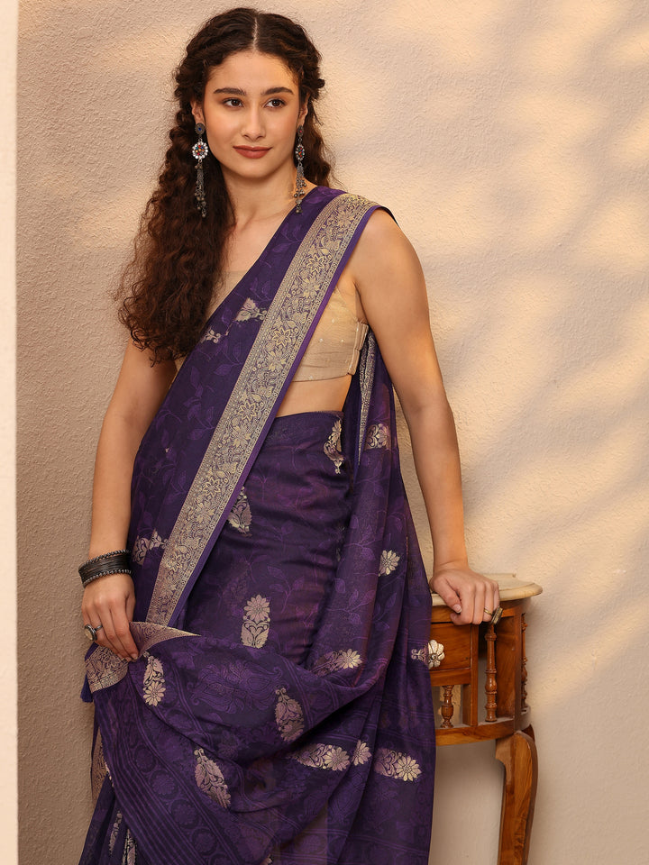 Purple Woven Design Silk Blend Saree With Unstitched Blouse Piece