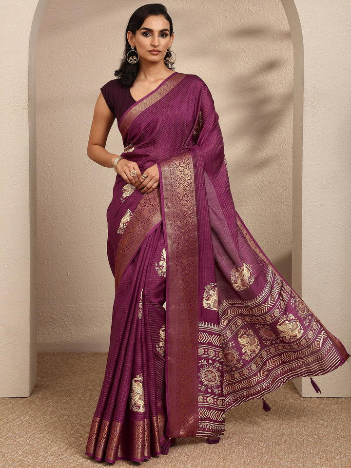 Burgundy Printed Silk Blend Saree With Unstitched Blouse Piece