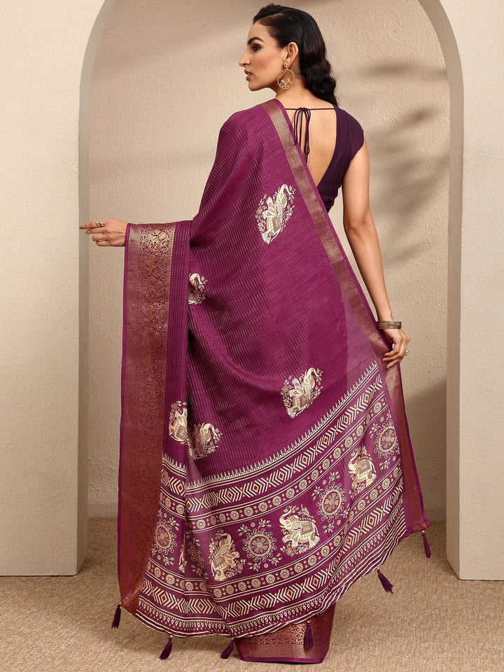 Burgundy Printed Silk Blend Saree With Unstitched Blouse Piece