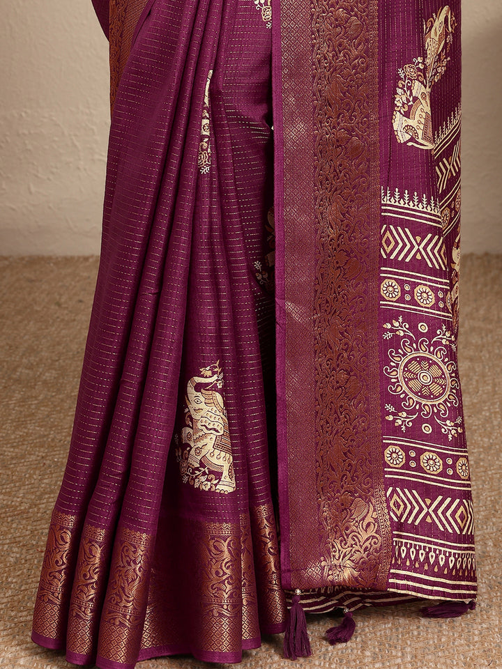 Burgundy Printed Silk Blend Saree With Unstitched Blouse Piece