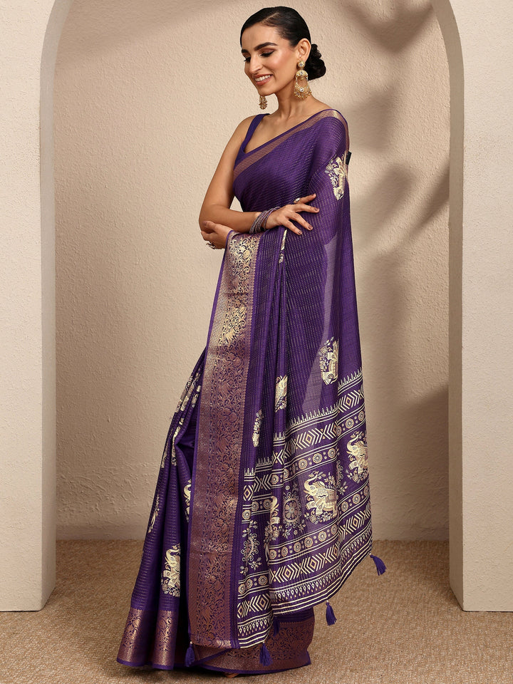 Purple Printed Silk Blend Saree With Unstitched Blouse Piece