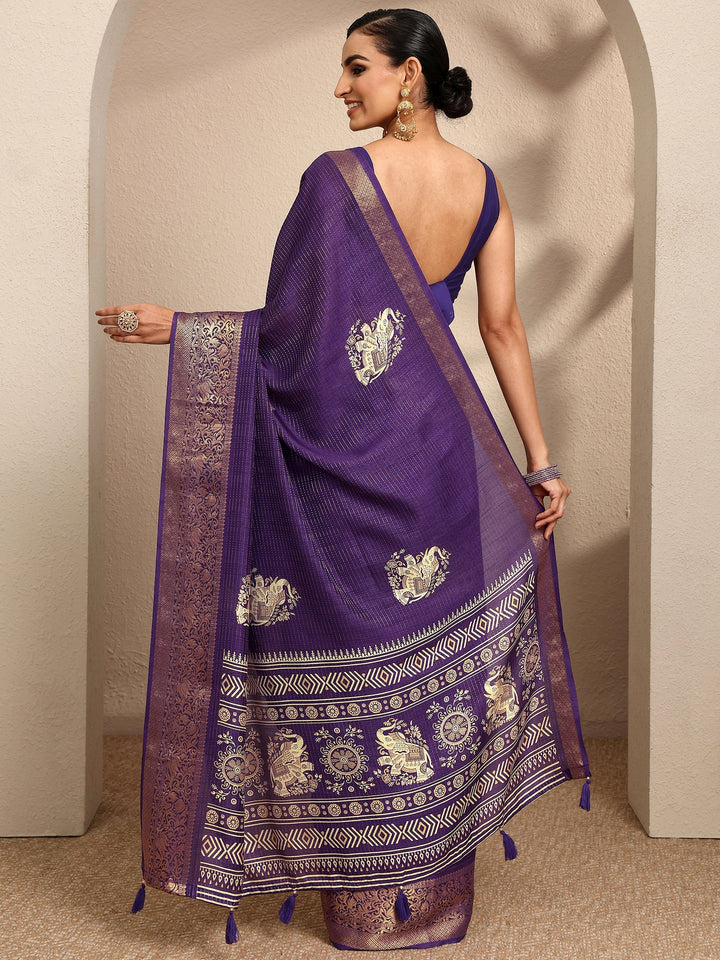 Purple Printed Silk Blend Saree With Unstitched Blouse Piece