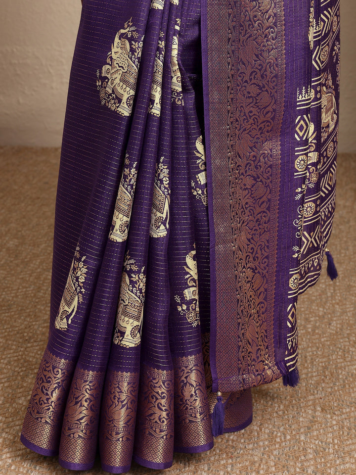 Purple Printed Silk Blend Saree With Unstitched Blouse Piece