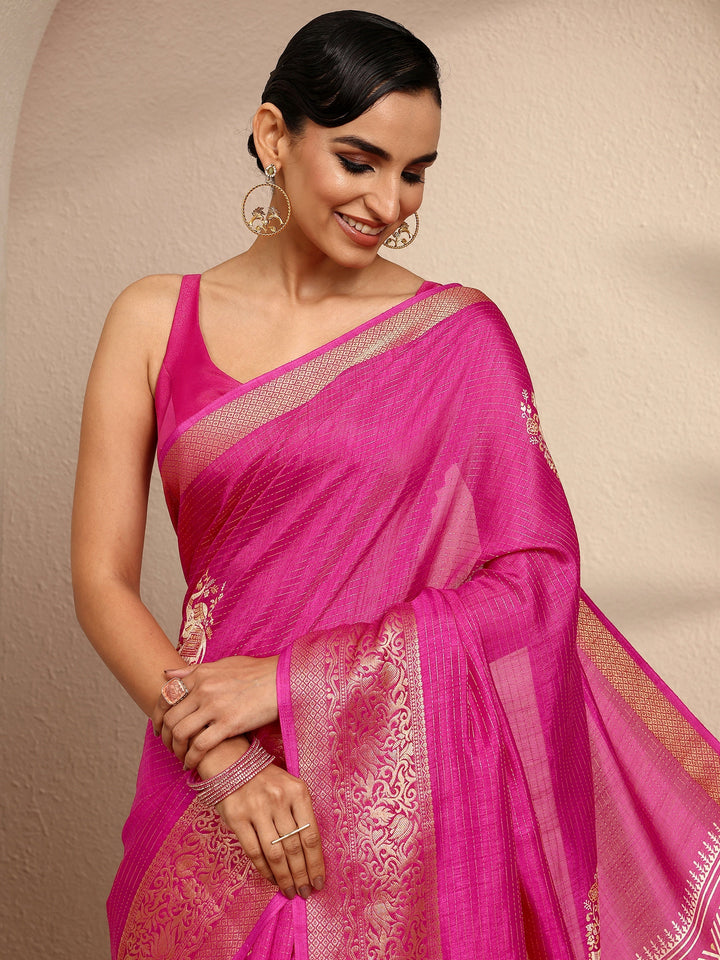 Pink Printed Silk Blend Saree With Unstitched Blouse Piece