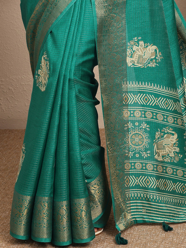 Green Printed Silk Blend Saree With Unstitched Blouse Piece