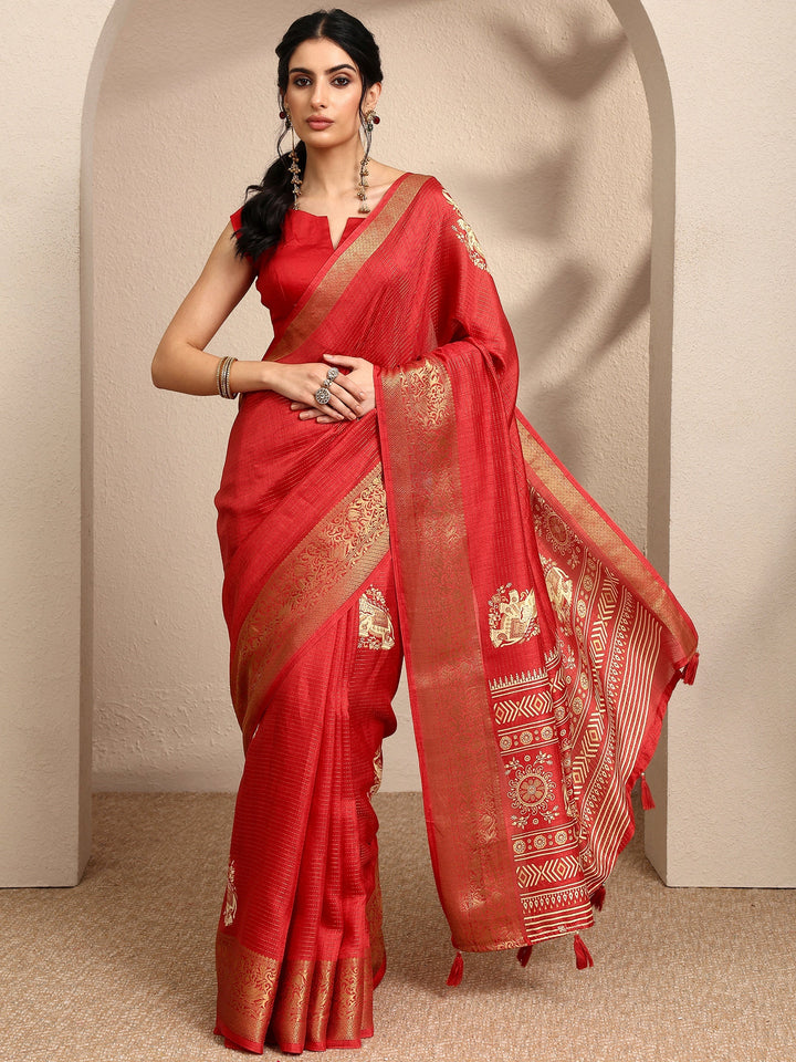 Orange Printed Silk Blend Saree With Unstitched Blouse Piece