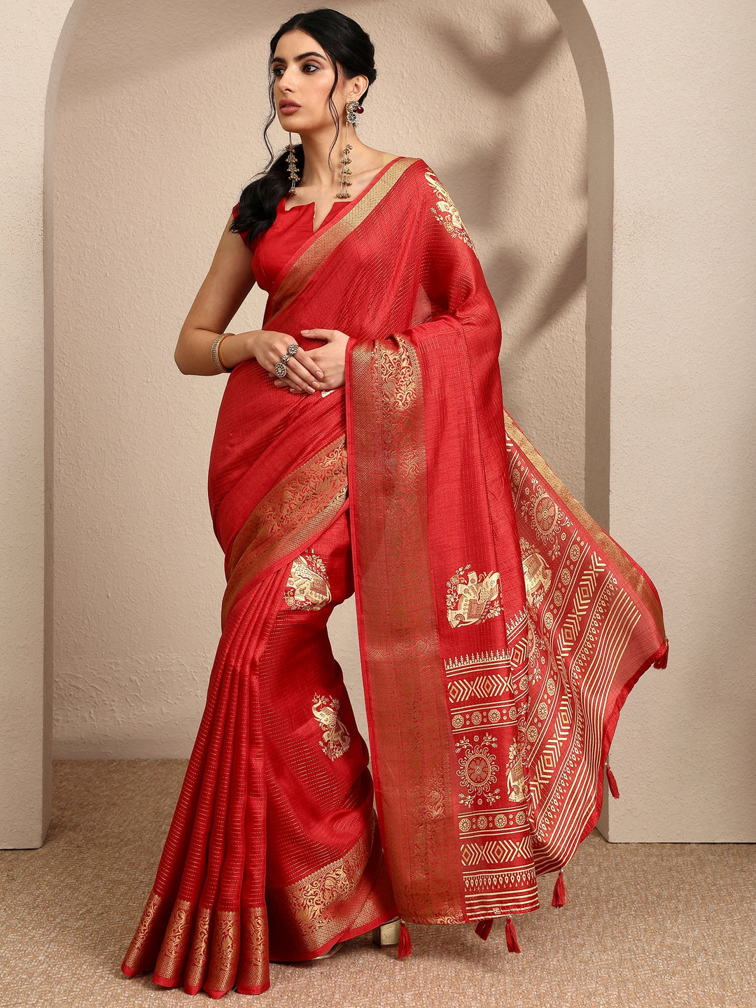 Orange Printed Silk Blend Saree With Unstitched Blouse Piece