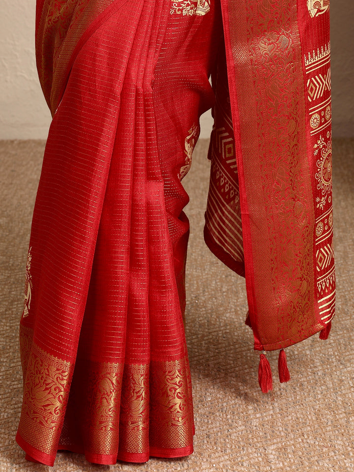 Orange Printed Silk Blend Saree With Unstitched Blouse Piece