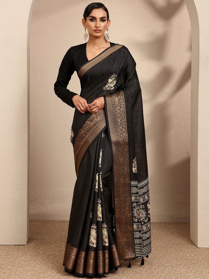 Black Printed Silk Blend Saree With Unstitched Blouse Piece